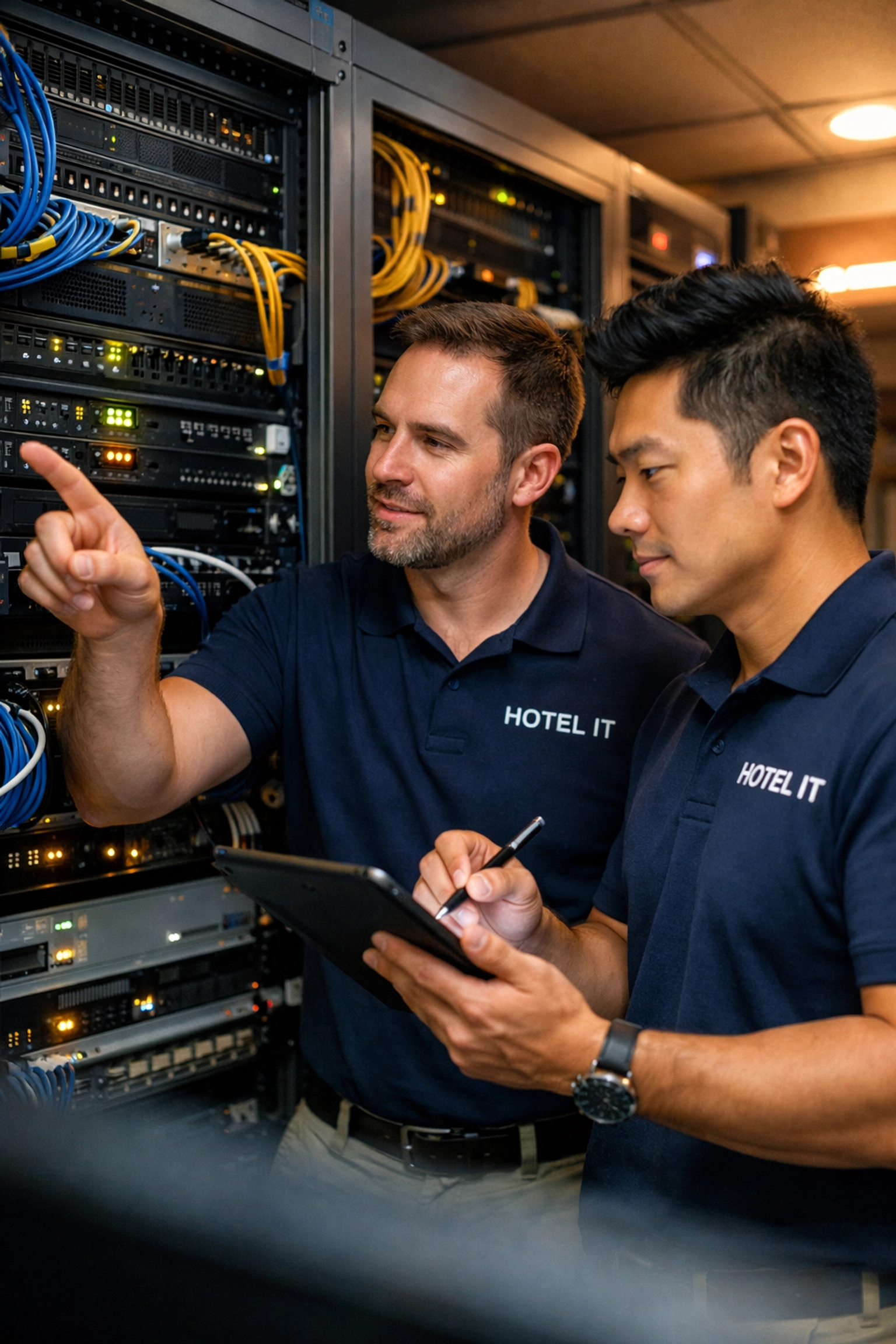 IT specialists managing hotel server room network infrastructure and equipment