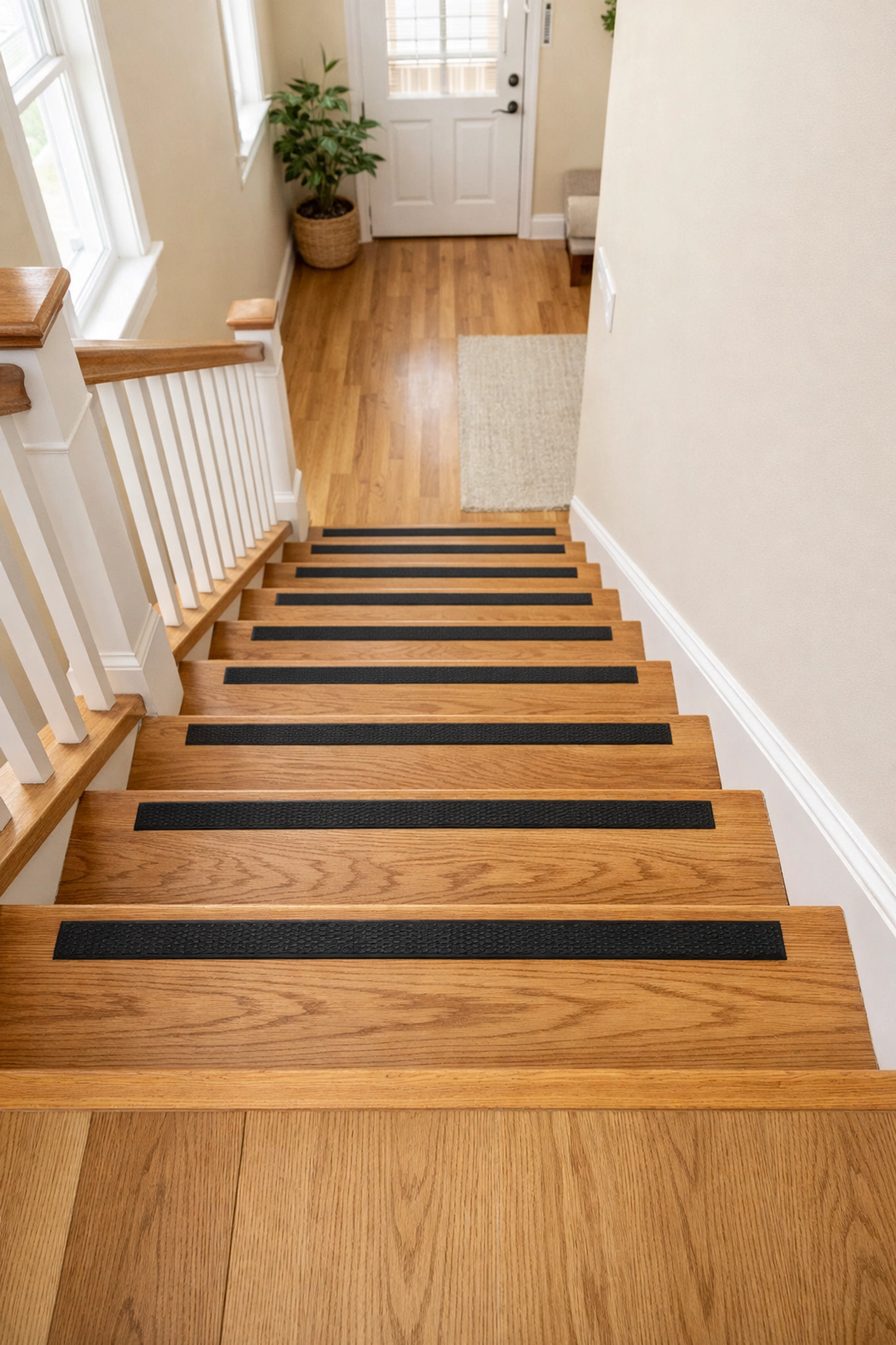Staircase featuring anti-slip strips on step edges to improve visual contrast and prevent tripping.