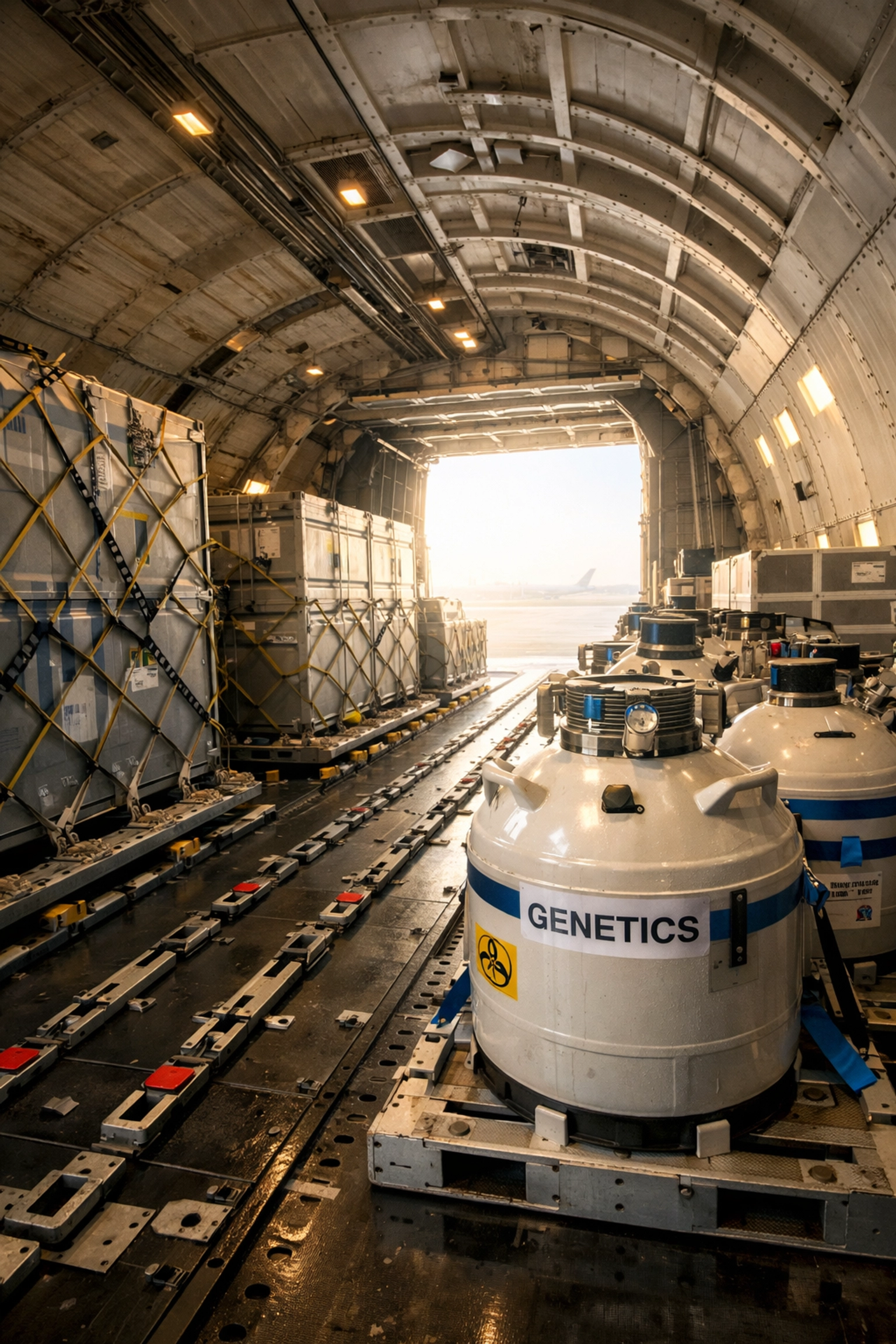 Aircraft cargo hold with livestock genetics shipping containers for global agricultural export