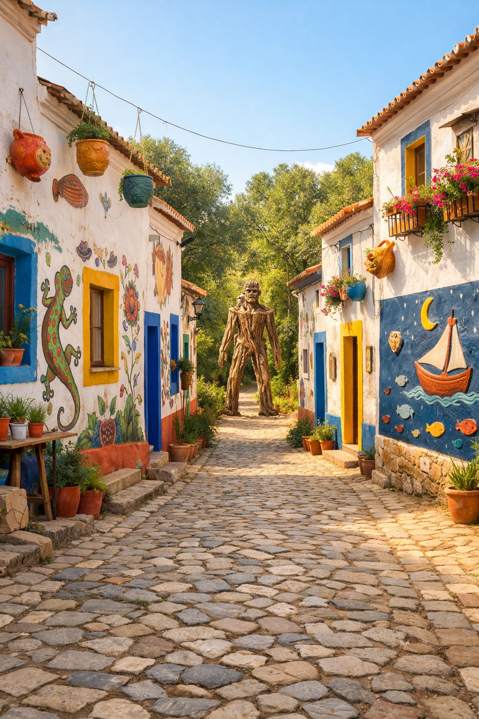 Charming village street in Barão de São João, Algarve, featuring colorful murals and white-washed houses.