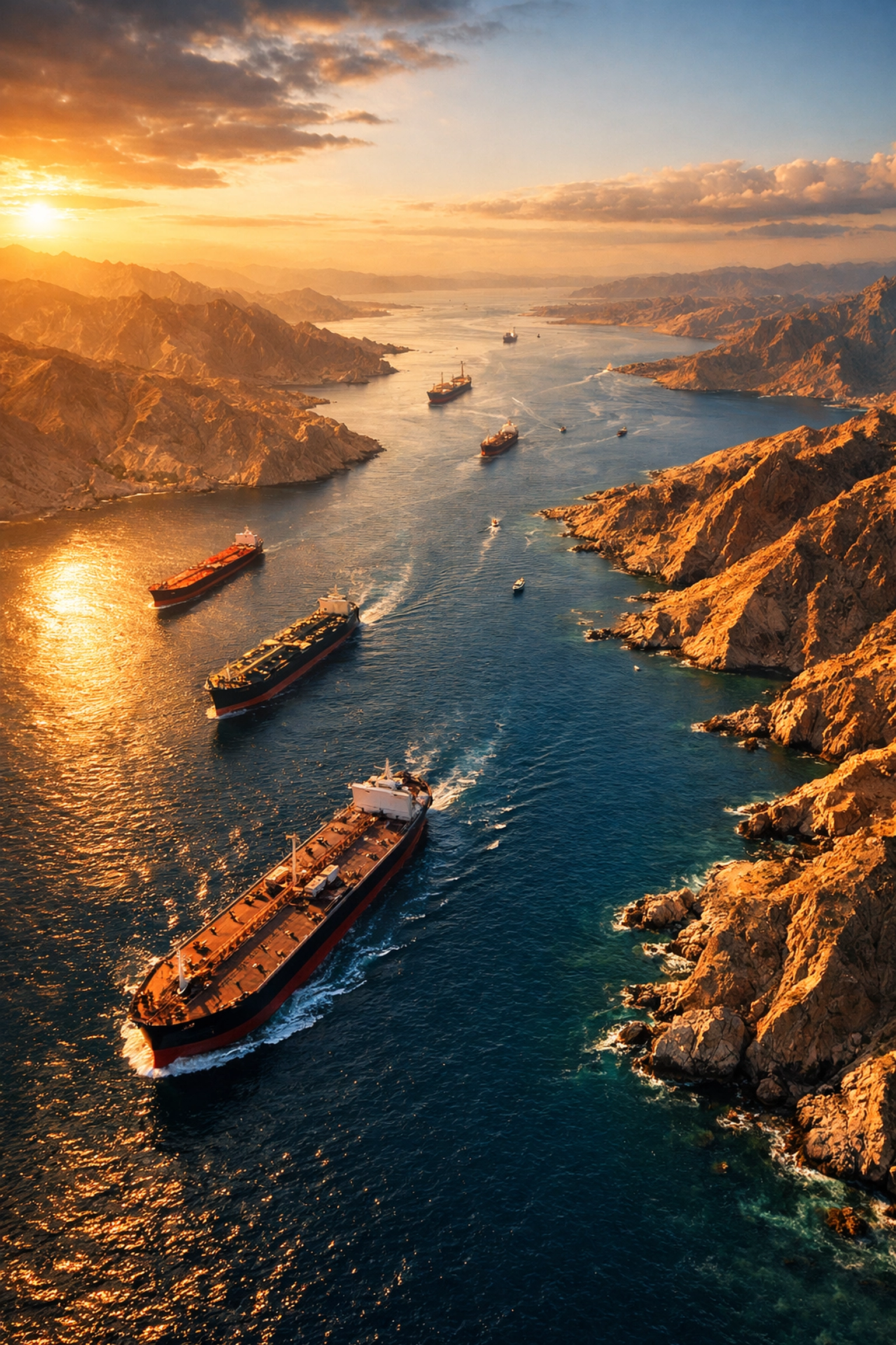 Aerial view of Strait of Hormuz showing cargo ships navigating strategic waterway between Iran and Oman
