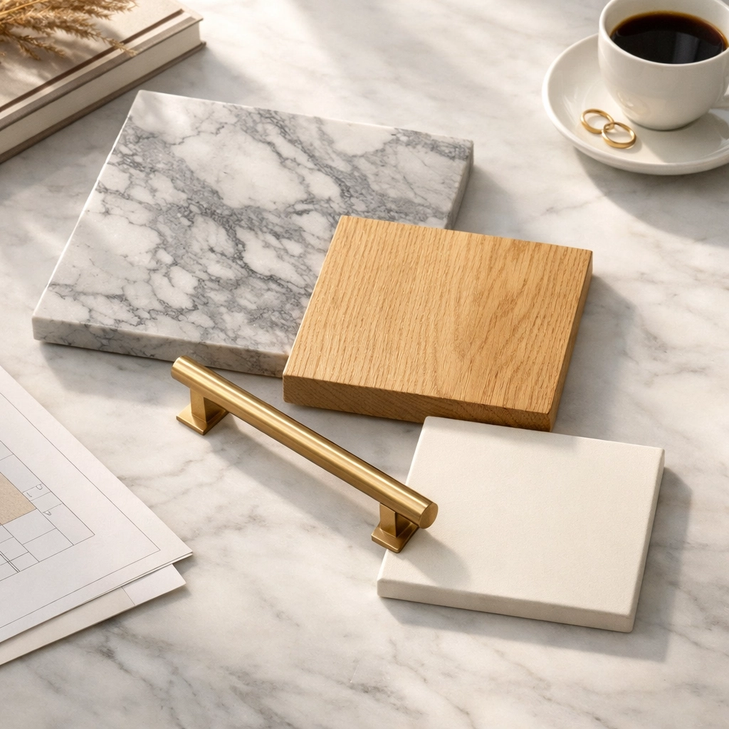 High-end kitchen renovation materials featuring quartz and white oak samples for a Central Ohio home.