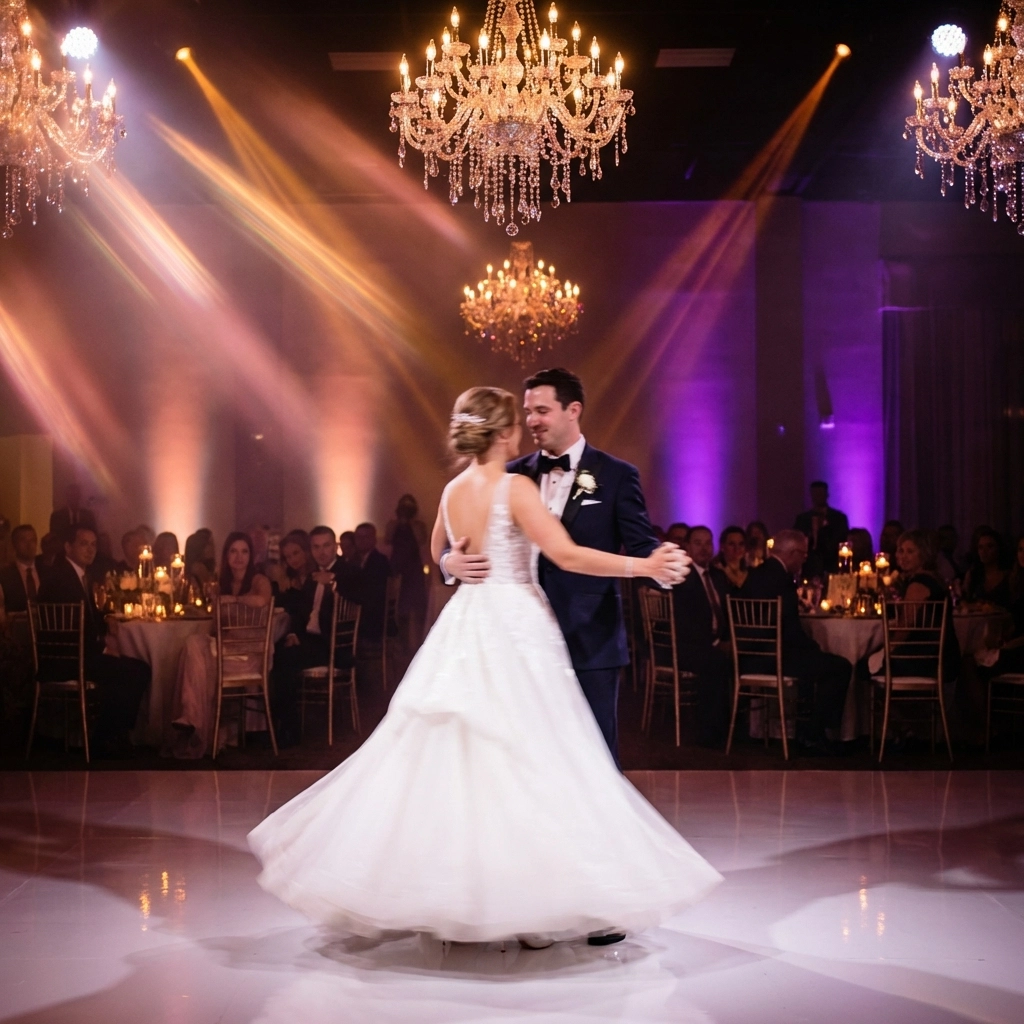 Bride and groom share their first dance at a Tampa Bay wedding celebration, surrounded by romantic lighting and guests.
