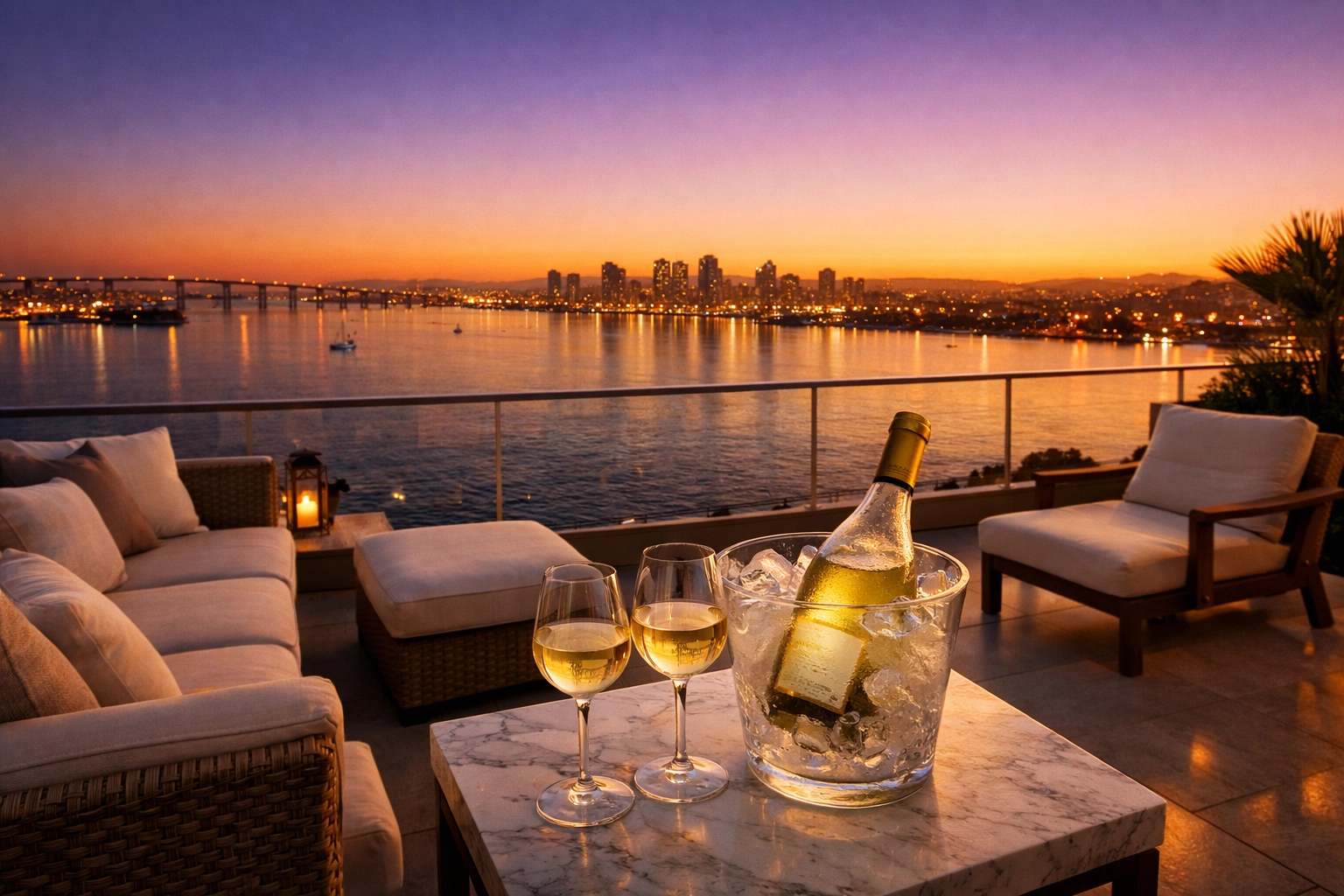 Luxury San Diego waterfront penthouse balcony at sunset, showcasing high-end property management and hospitality.