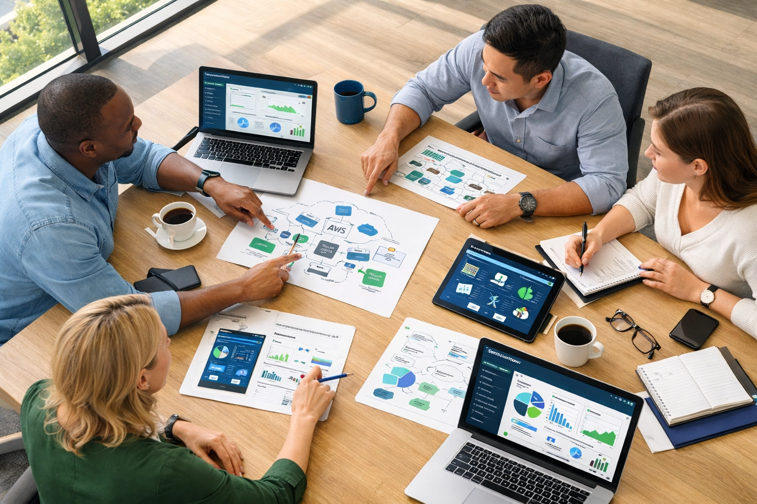 Cross-functional team evaluating ServiceNow consulting services with ITOM and ITAM dashboards