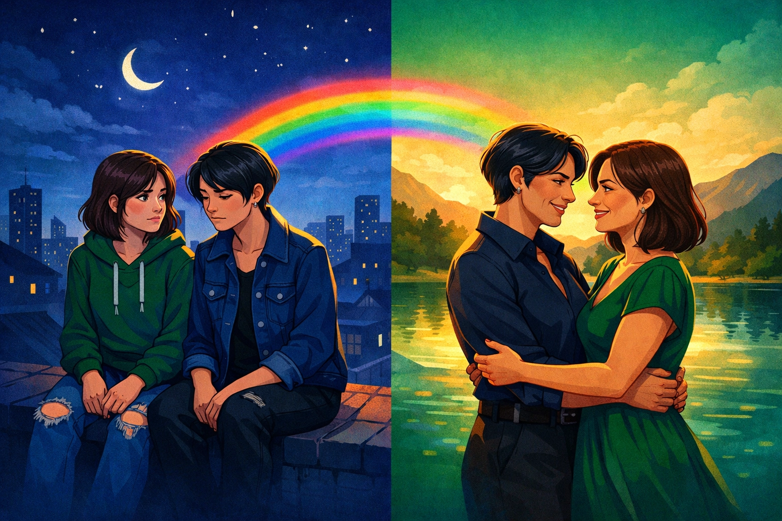 Gay couple at two life stages, illustrating second chances and growth in LGBTQ+ love