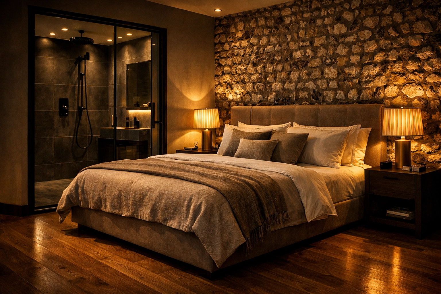 High-end garage conversion into a luxury guest suite with a traditional Sussex flint feature wall.