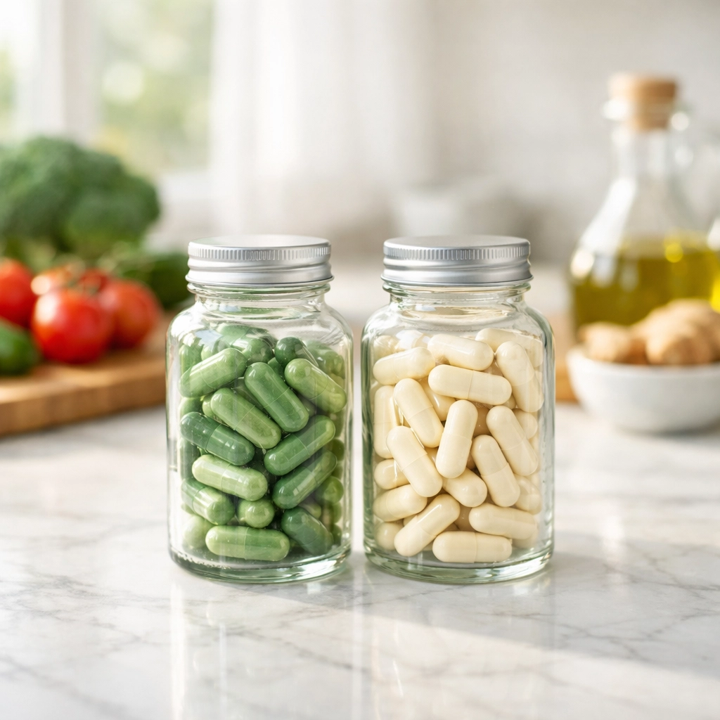 High-quality dietary supplement bottles on kitchen counter with natural ingredients