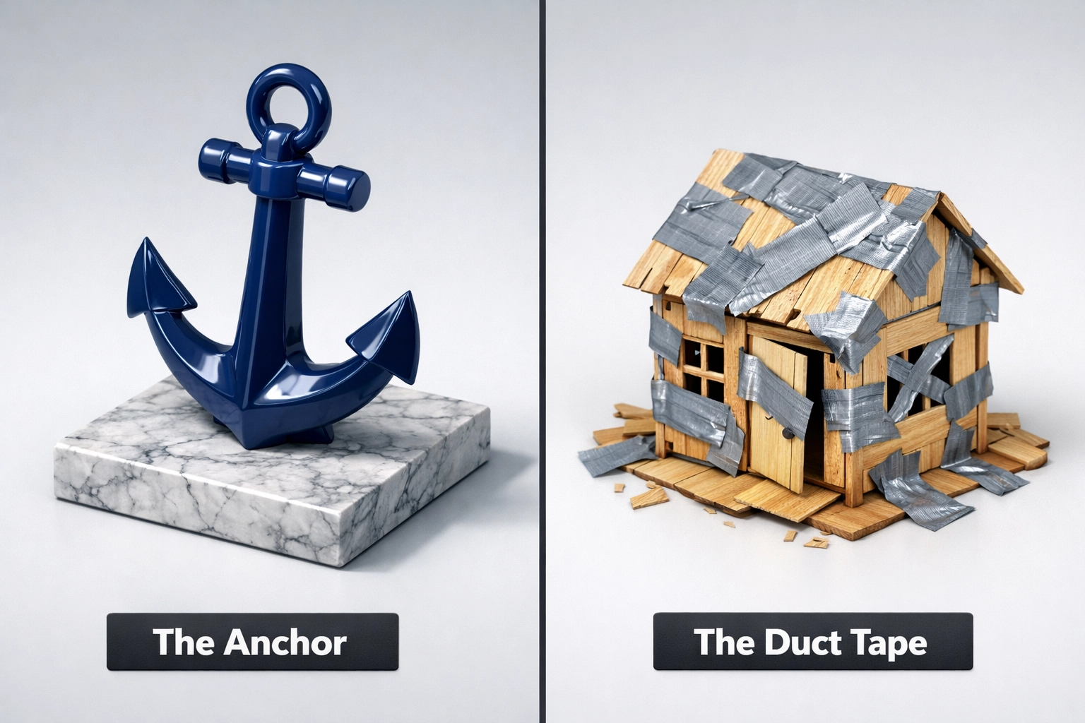 A solid anchor representing life insurance security compared to a fragile house patched with duct tape.