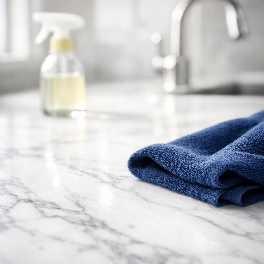 Wiping a marble countertop during a luxury house cleaning in Wayland MA with specialized eco-friendly products.