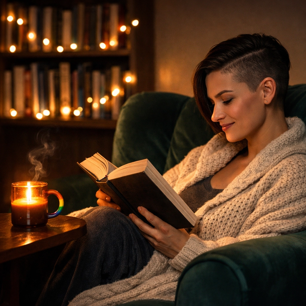 A woman reads in a cozy nook with a rainbow mug and candle, setting a queer reading mood.