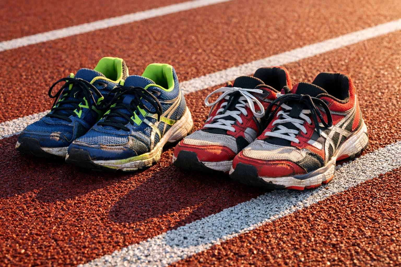Two pairs of running shoes side by side on athletic track symbolizing rivalry and attraction