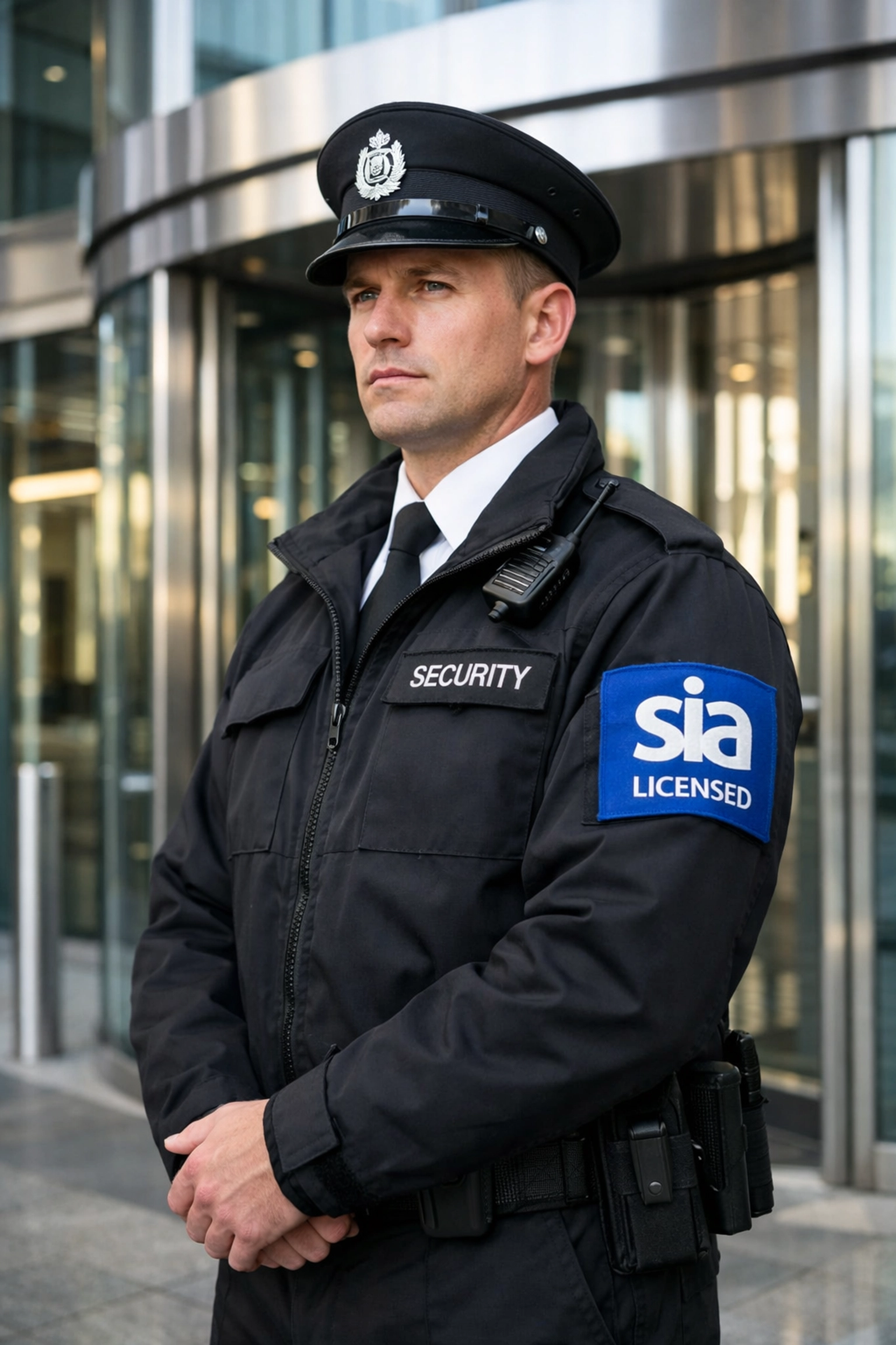 Professional SIA licensed security officer standing at a modern corporate entrance for KGFM security services.