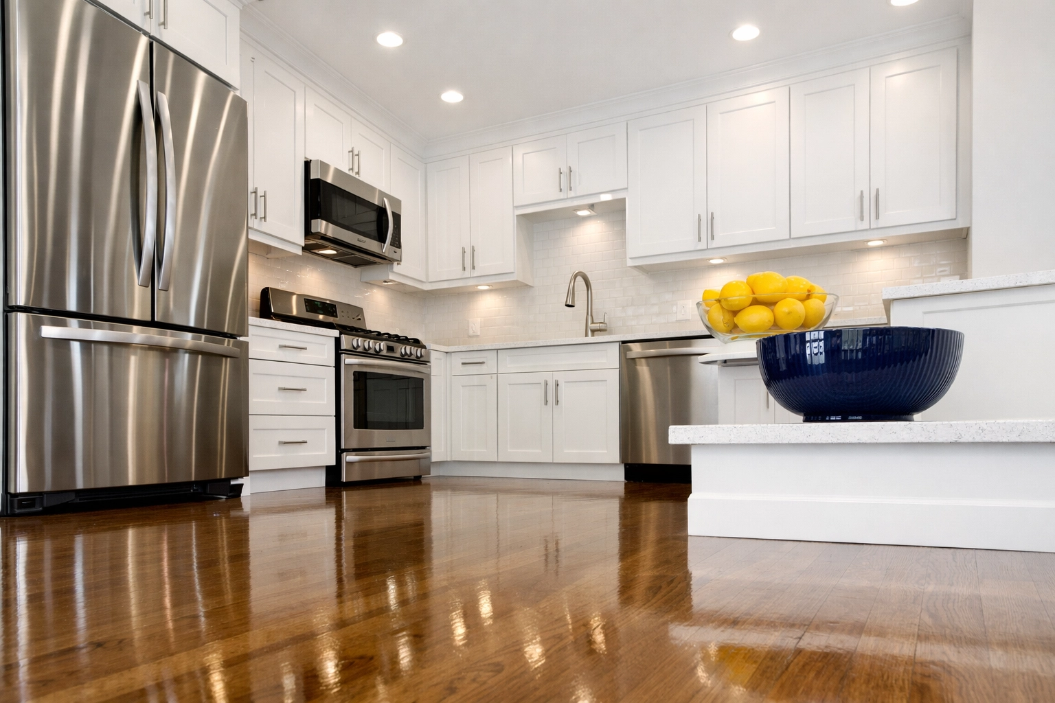 Pristine Boston apartment kitchen featuring stainless steel appliances and spotless floors after move-out cleaning services.