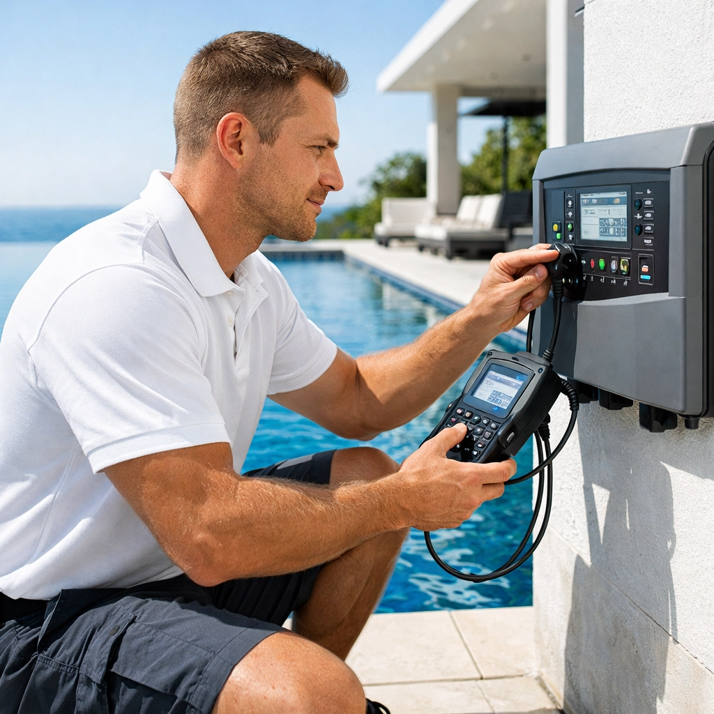Certified pool service technician using diagnostic tools to maintain high route profitability.