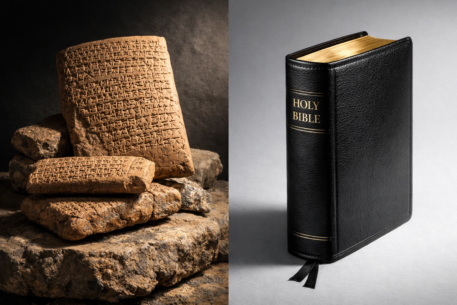 Ancient Babylonian law tablets beside modern Bible showing covenant progression