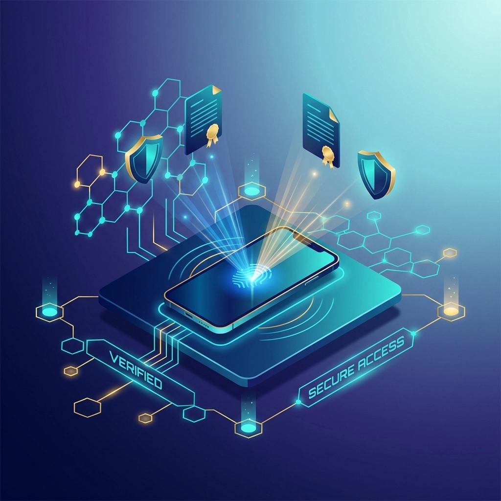 Digital verification process with smartphone and security icons, highlighting secure onboarding for crypto real estate platforms.