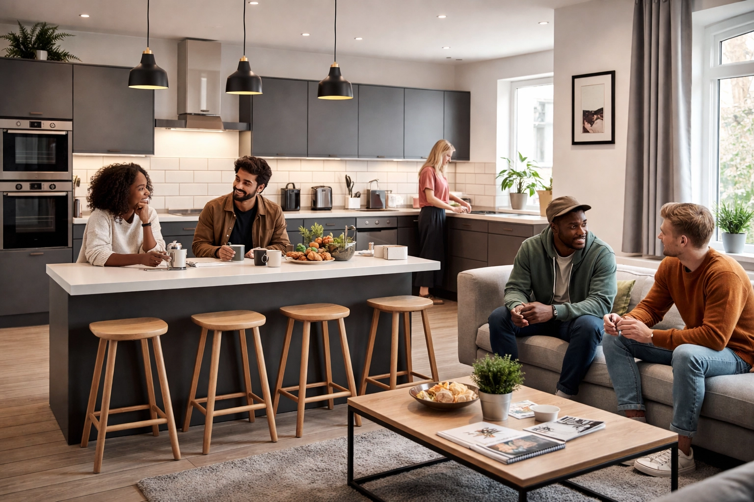 Modern shared kitchen and living space in an Oldham HMO, showing communal amenities for tenants and higher rental appeal.