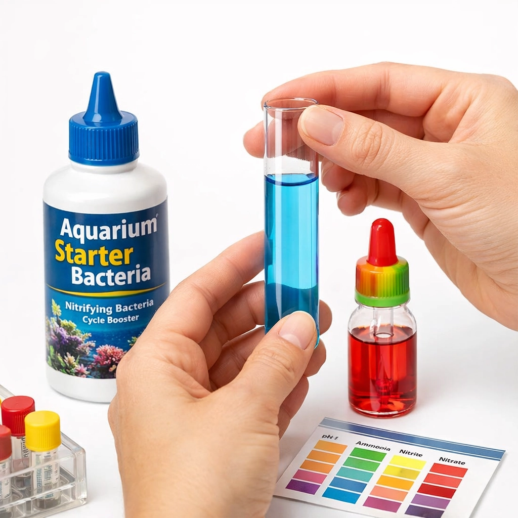 Testing aquarium water quality using a liquid test kit and beneficial bacteria for a safe tank cycle.