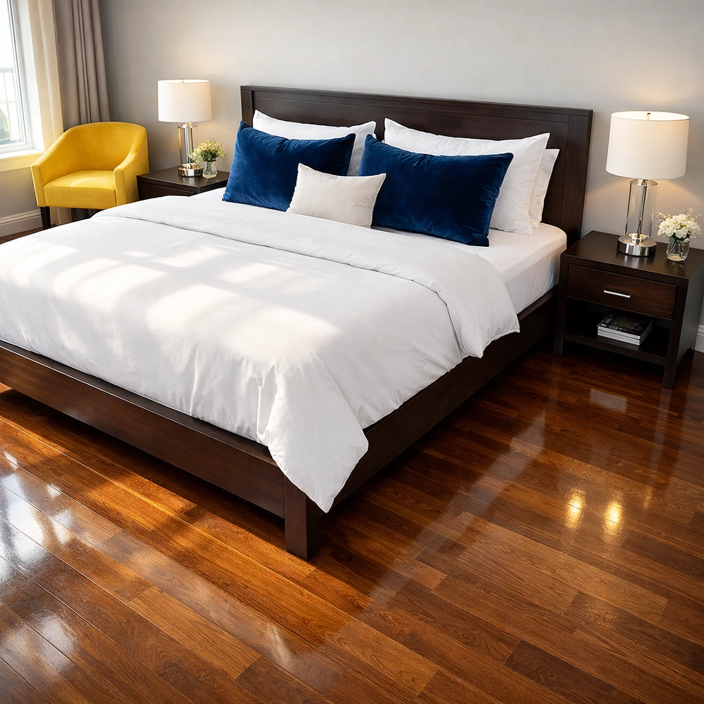 Professional move-out cleaning Worcester showing a dust-free hardwood floor under a bedroom bed.