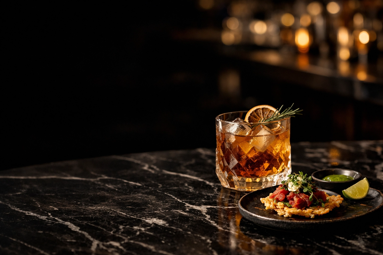 Artisanal cocktail and appetizer at an IHG Noted Collection hotel bar representing The Edit experience.