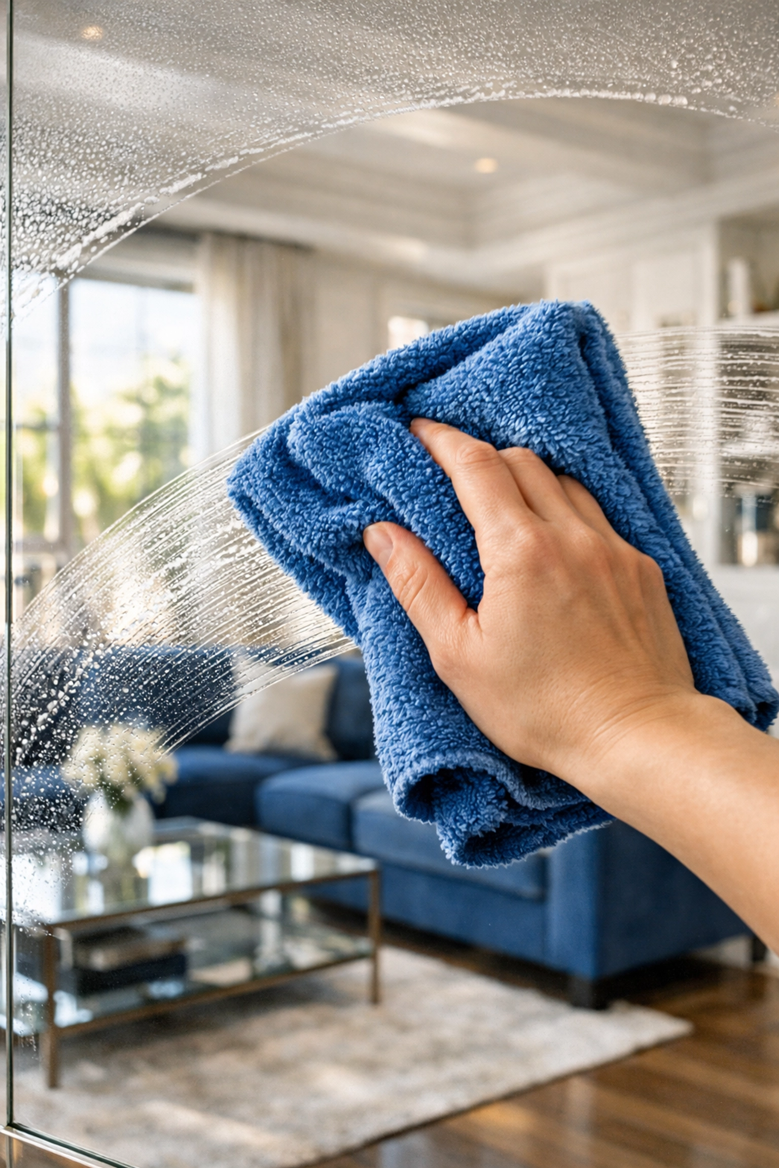 Cleaning a mirror using a microfiber cloth and the professional S-pattern wiping technique.