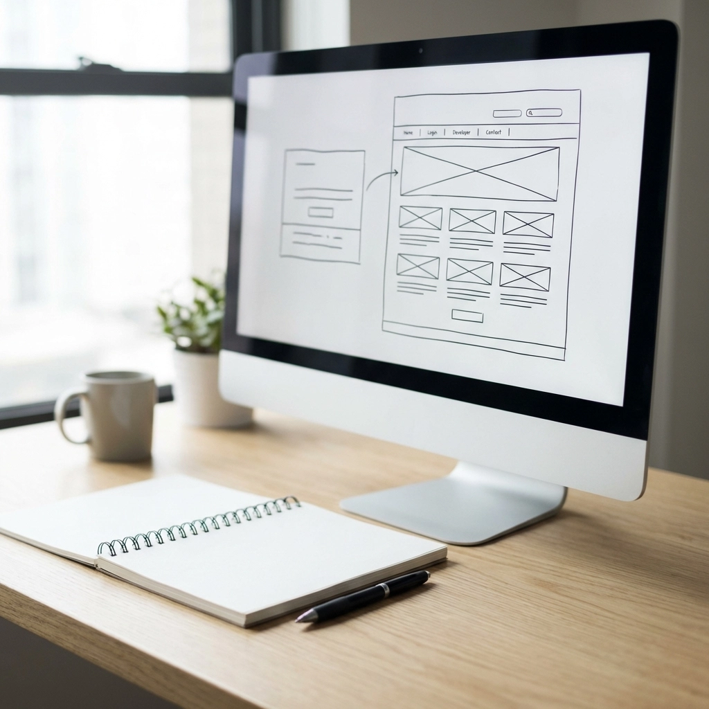 Modern workspace with website wireframe on monitor, illustrating the website design process for businesses.