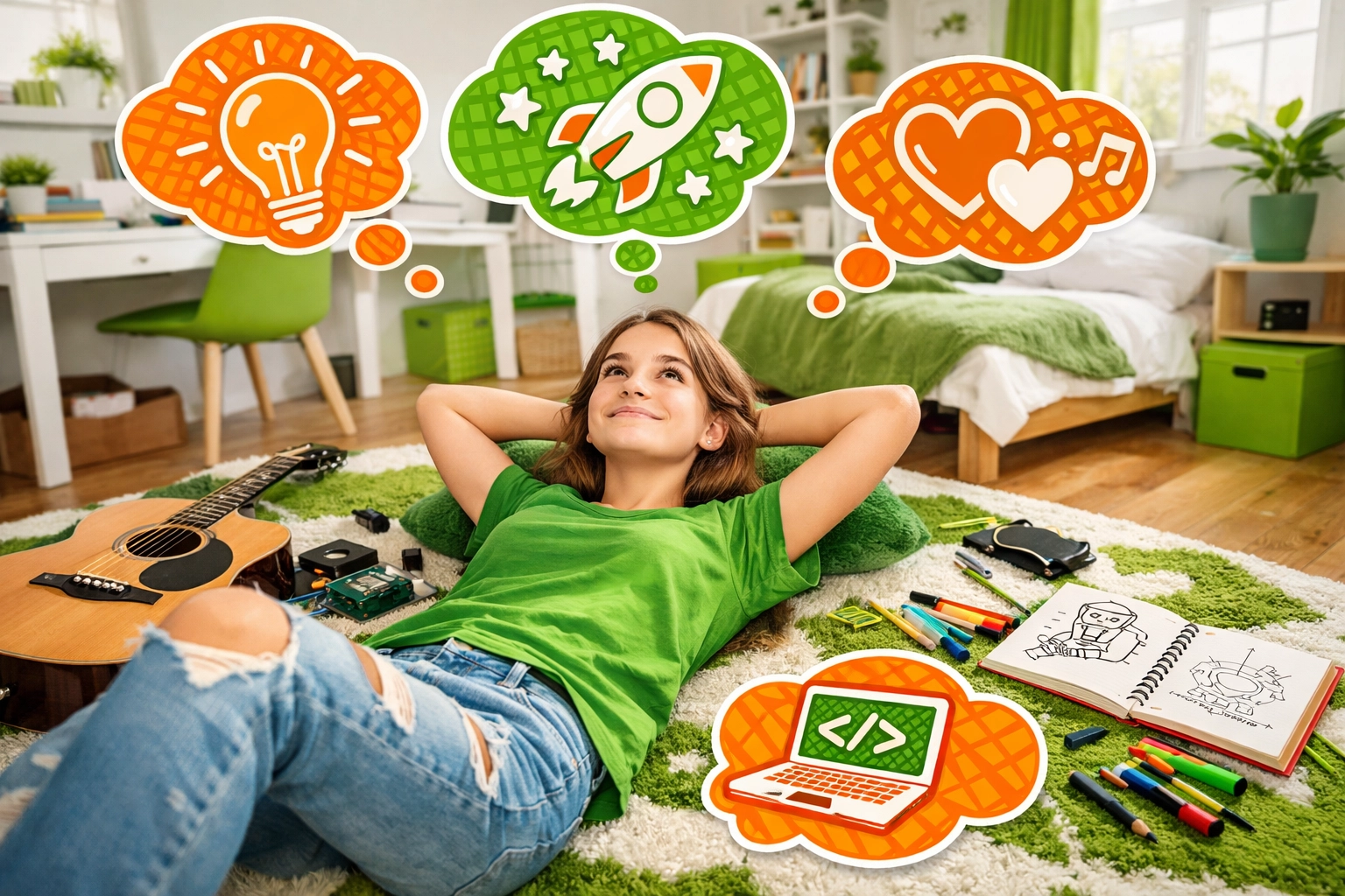 A teenage girl using unstructured time to foster creativity and self-governance skills at home.