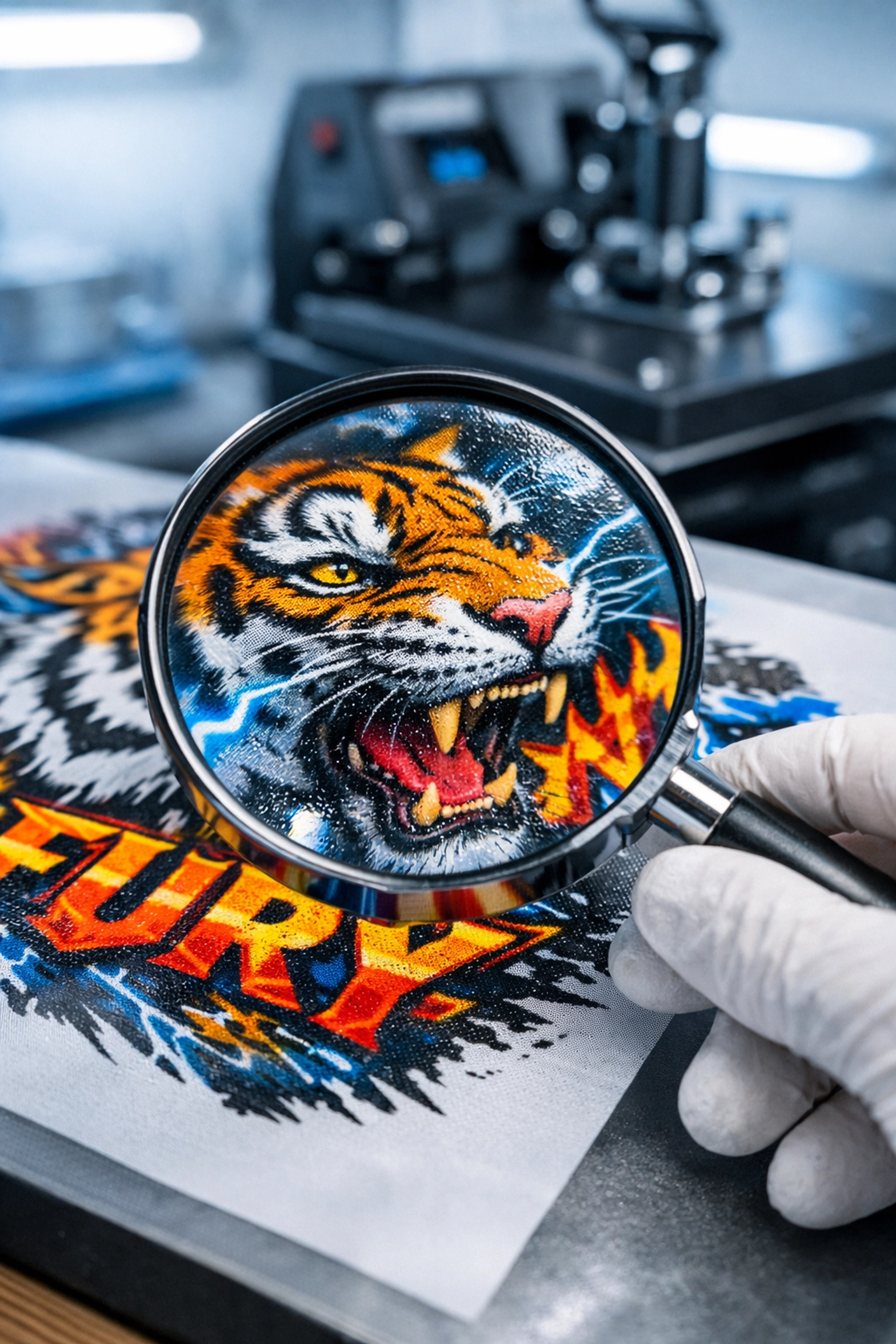 Quality inspection of custom DTF transfer showing attention to detail