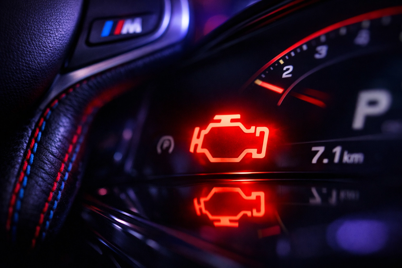 Red engine warning light on a BMW dashboard signaling urgent repair and maintenance needs.
