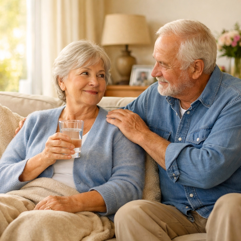 Senior couple resting on sofa with water after a fall for recovery