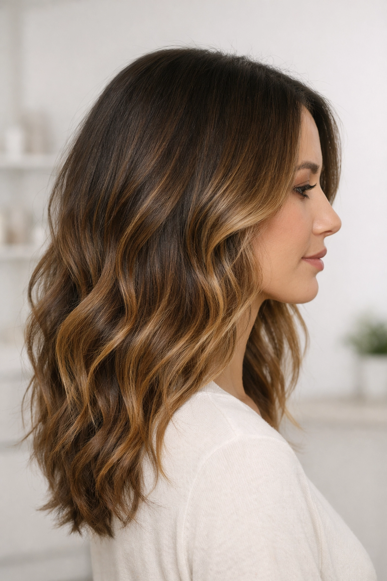 Seamless lived-in balayage transformation from brunette to warm caramel hair color.