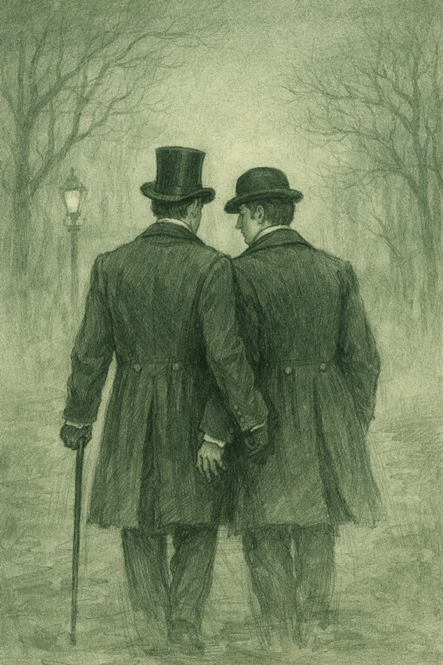 Victorian gentlemen walking through Hyde Park fog - forbidden MM romance