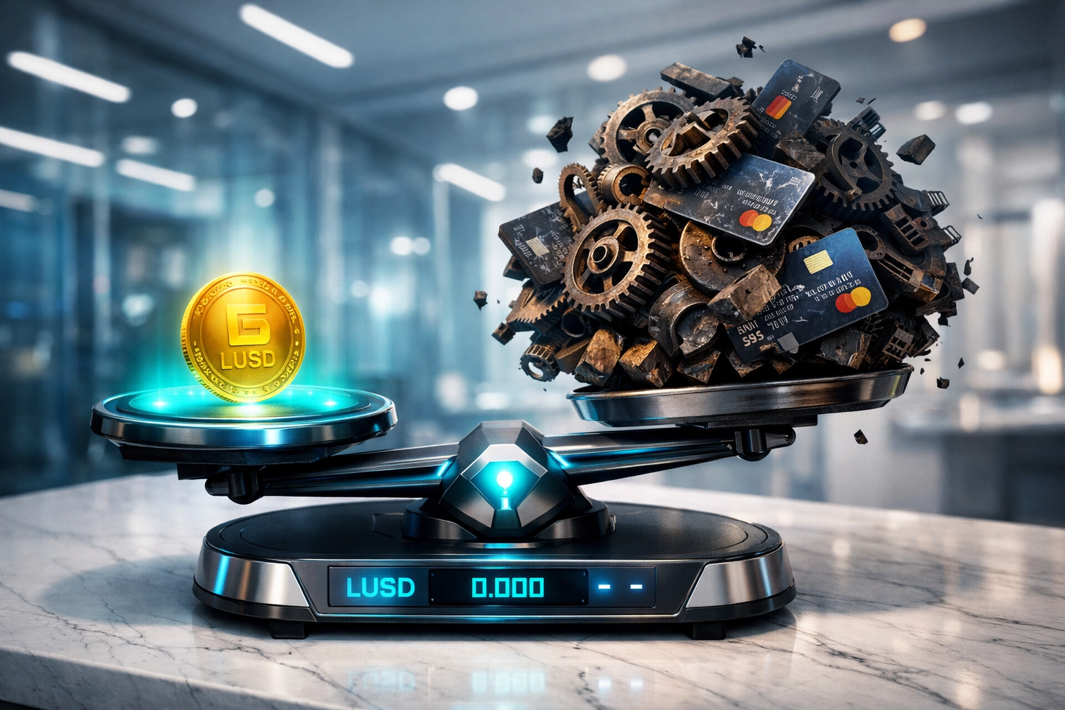 A scale comparing low-cost LUSD stablecoin payments to heavy, expensive credit card interchange fees.