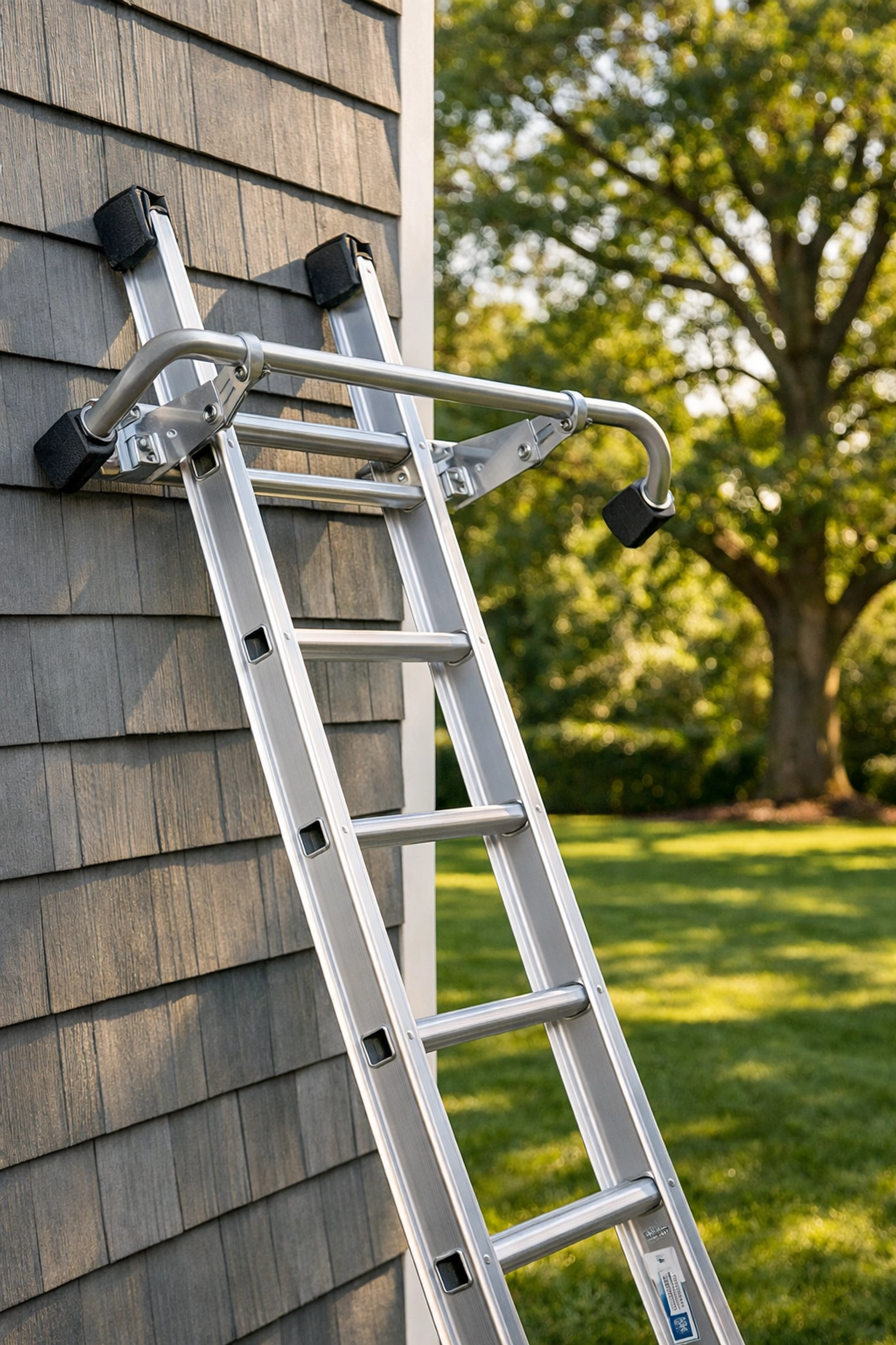 Professional ladder with stabilizer safely positioned for gutter cleaning at a Greenwich CT home.