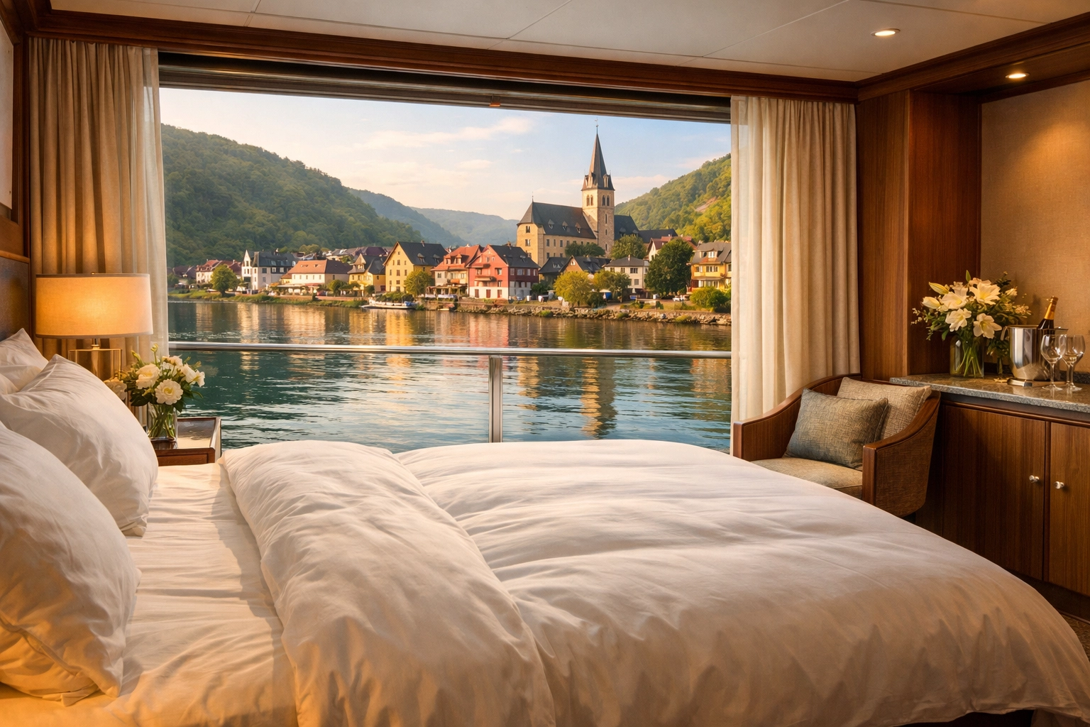 Luxury river cruise suite with panoramic windows and bed facing European river scenery