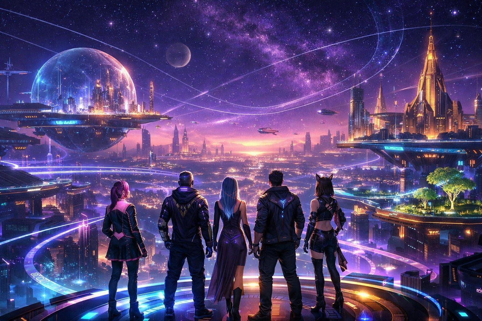 Digital avatars overlooking a vast metaverse metropolis representing a global B2B2C economy.