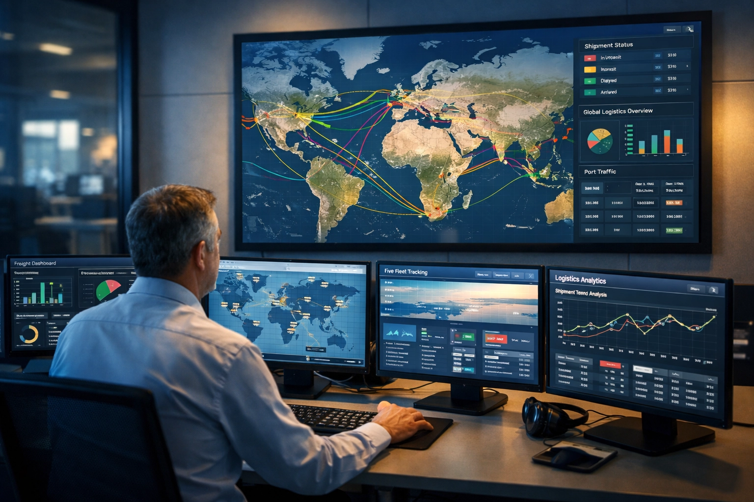 Logistics manager analyzing transportation data and shipping routes in control center