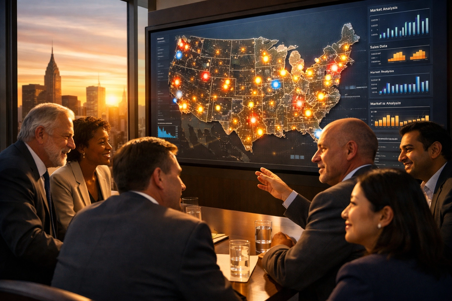 Business executives analyzing regional market data for targeted Super Bowl branding strategy