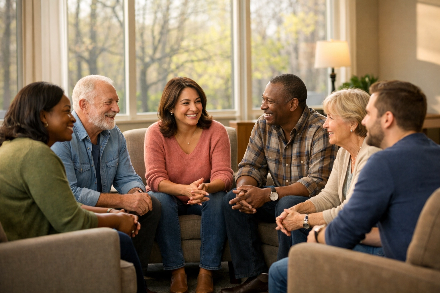 Diverse group of adults participating in a supportive group therapy session for SAIOP in North Carolina.