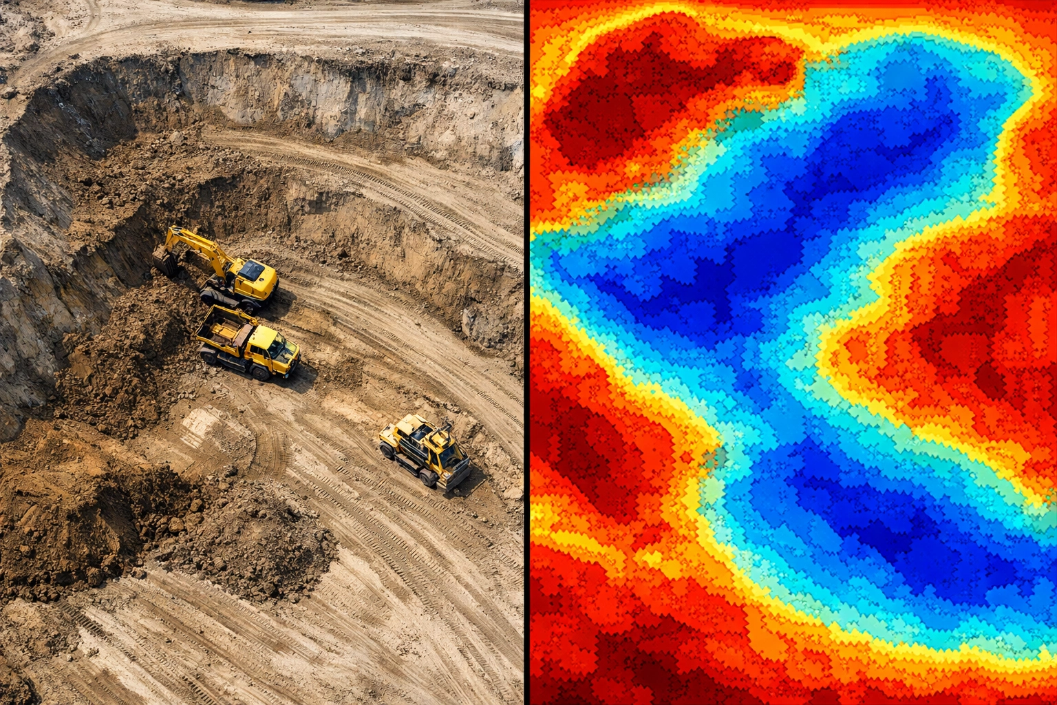 Aerial imagery and digital heatmap comparison for construction site volume and earthwork analysis.