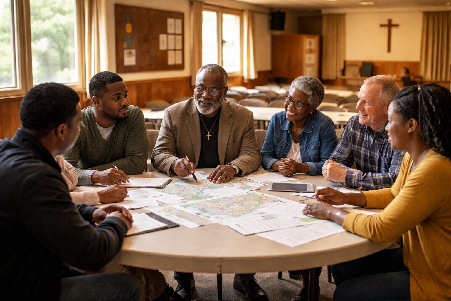 Church leaders and neighborhood residents plan together in a fellowship hall, demonstrating faith-driven community participation.