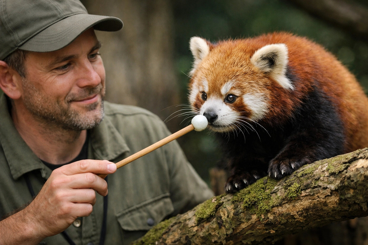 A professional zoo keeper training a red panda to demonstrate ethical managed care and high standards.