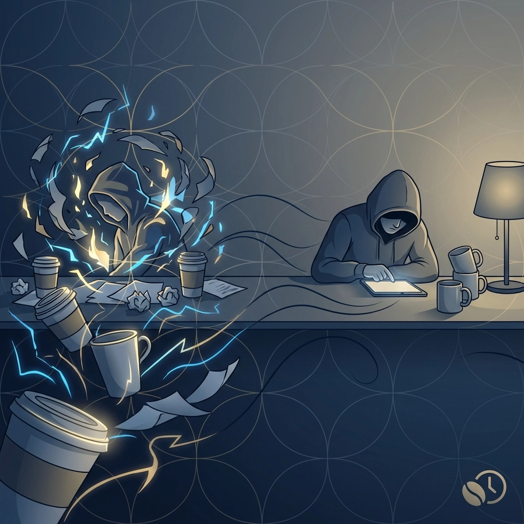 Person feeling exhausted at a desk with empty coffee cups, illustrating caffeine crashes and low energy