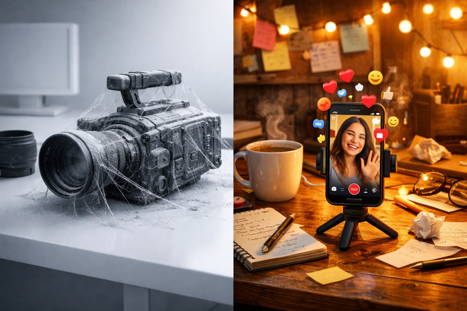 Comparison of a dusty camera and an active smartphone showing consistent social media marketing services.