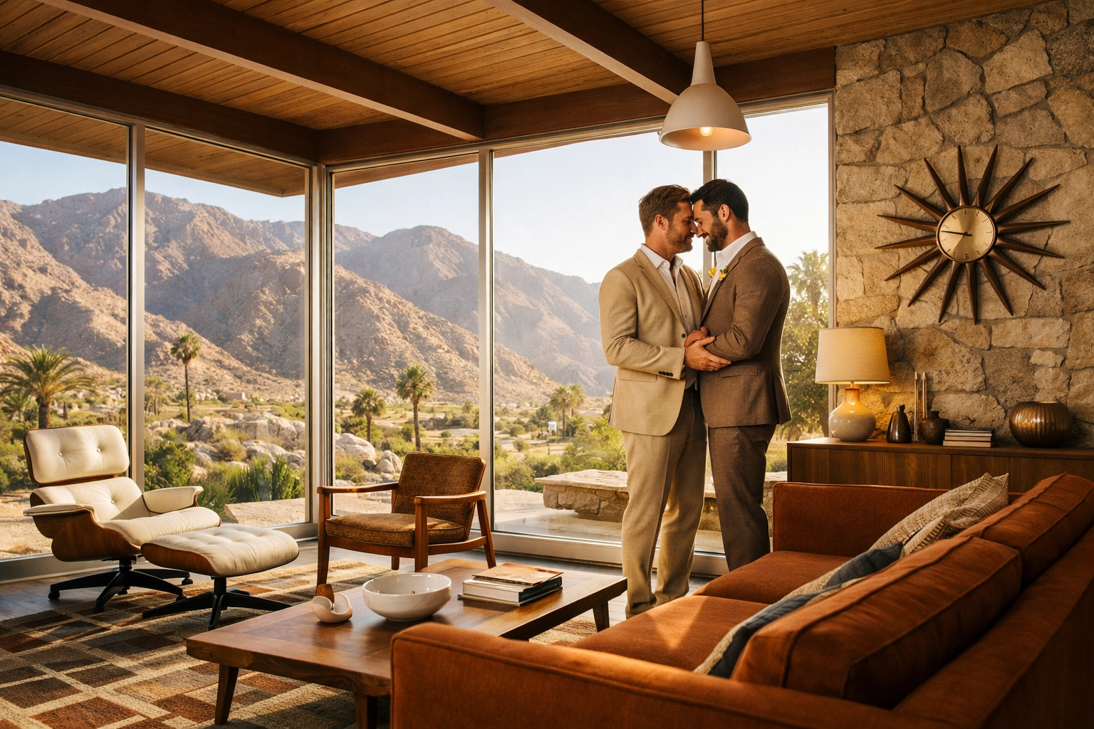 Gay couple embracing in mid-century modern Palm Springs wedding venue with floor-to-ceiling windows
