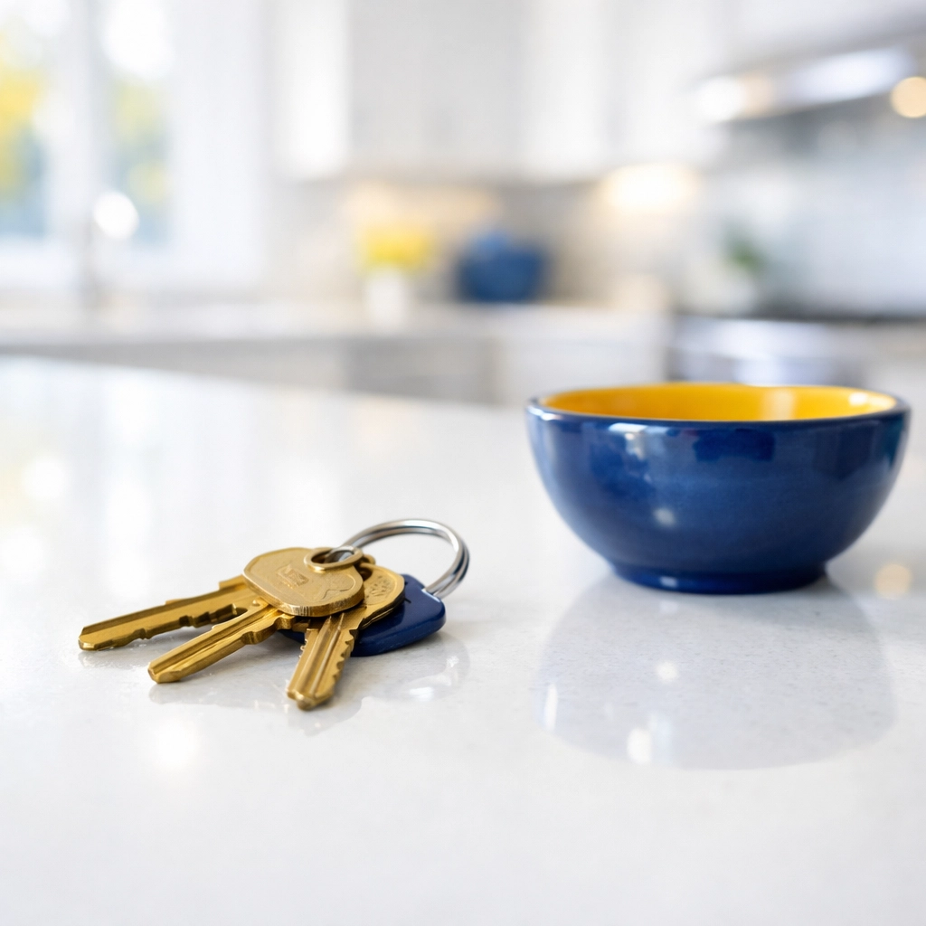 House keys on a polished white countertop after a move-out residential cleaning service in Massachusetts.