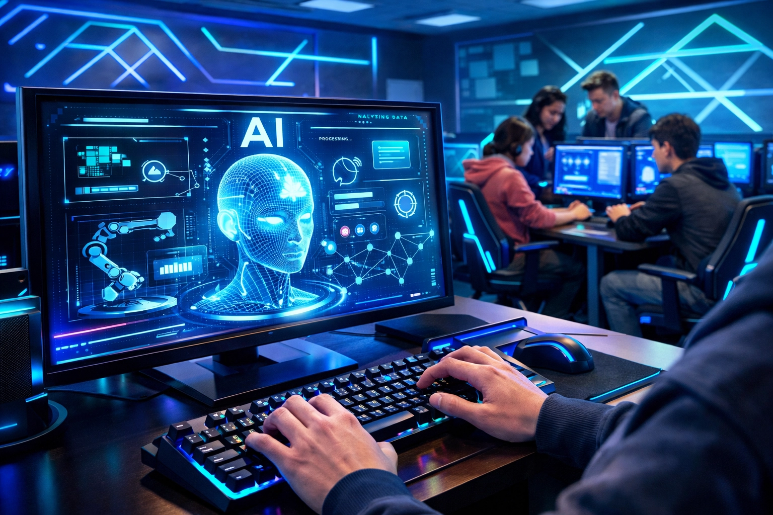 Student typing at AI-powered learning station in technology-equipped high school classroom