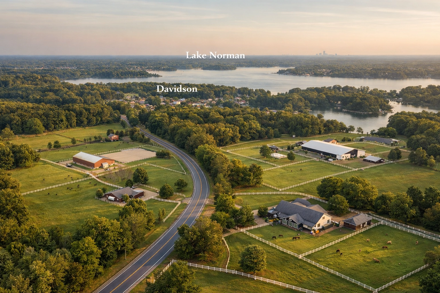 Aerial view of Davidson equestrian properties near Charlotte and Lake Norman region