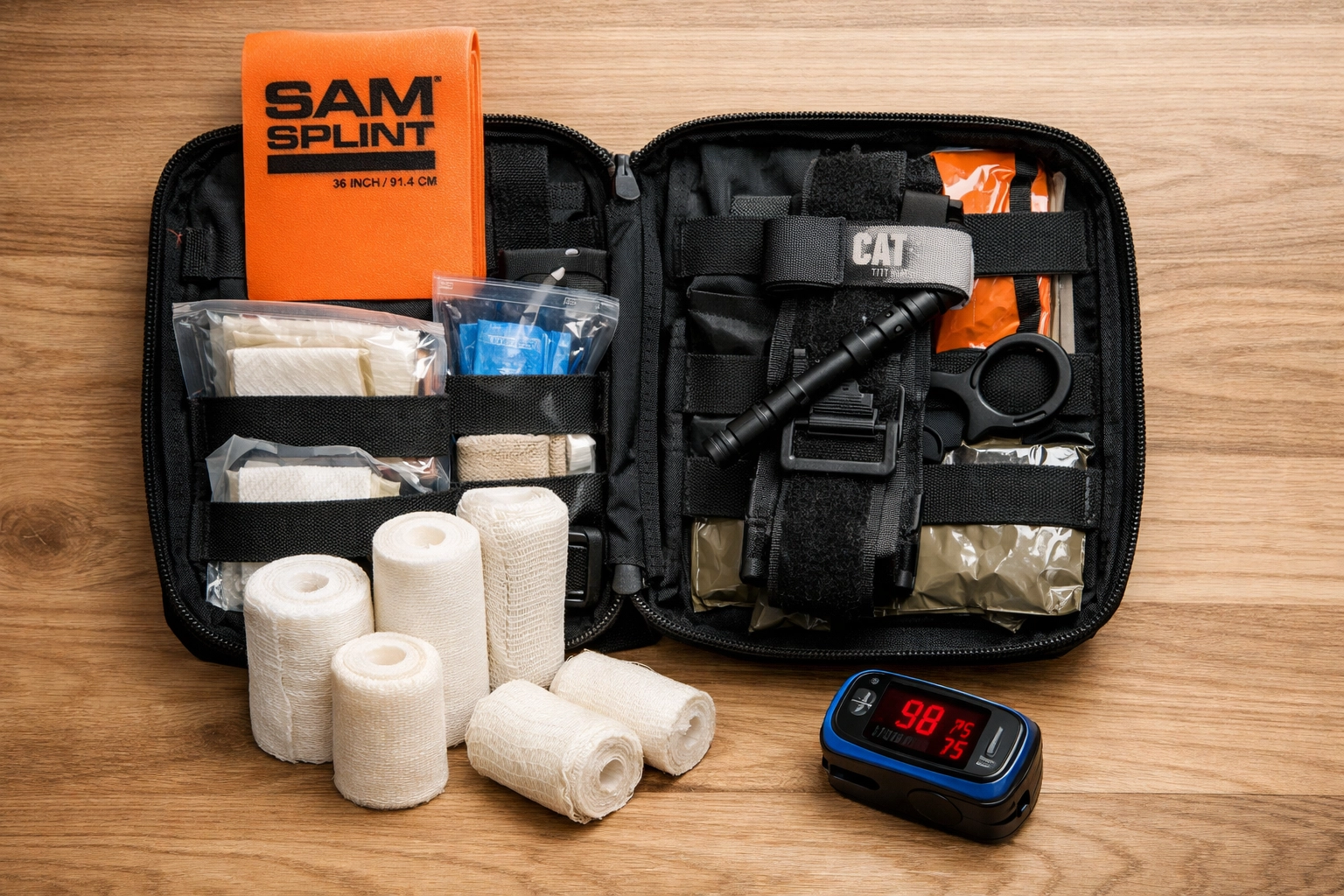 Organized home medical kit with pulse oximeter, tourniquet, and splint for emergency pandemic preparedness.